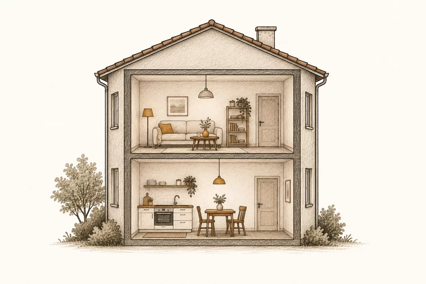 Illustration eines Hauses mit Nebenflächen